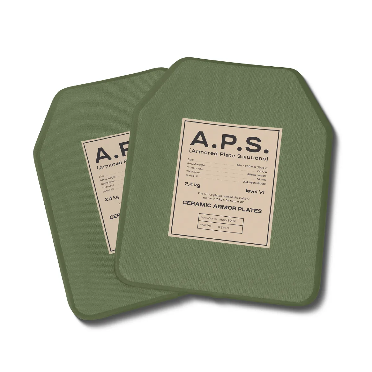 Плиты керамика 6 класс защиты (комплект). Вес 4.8 кг. Размер M (25х30 см.) A.P.S. Олива 10