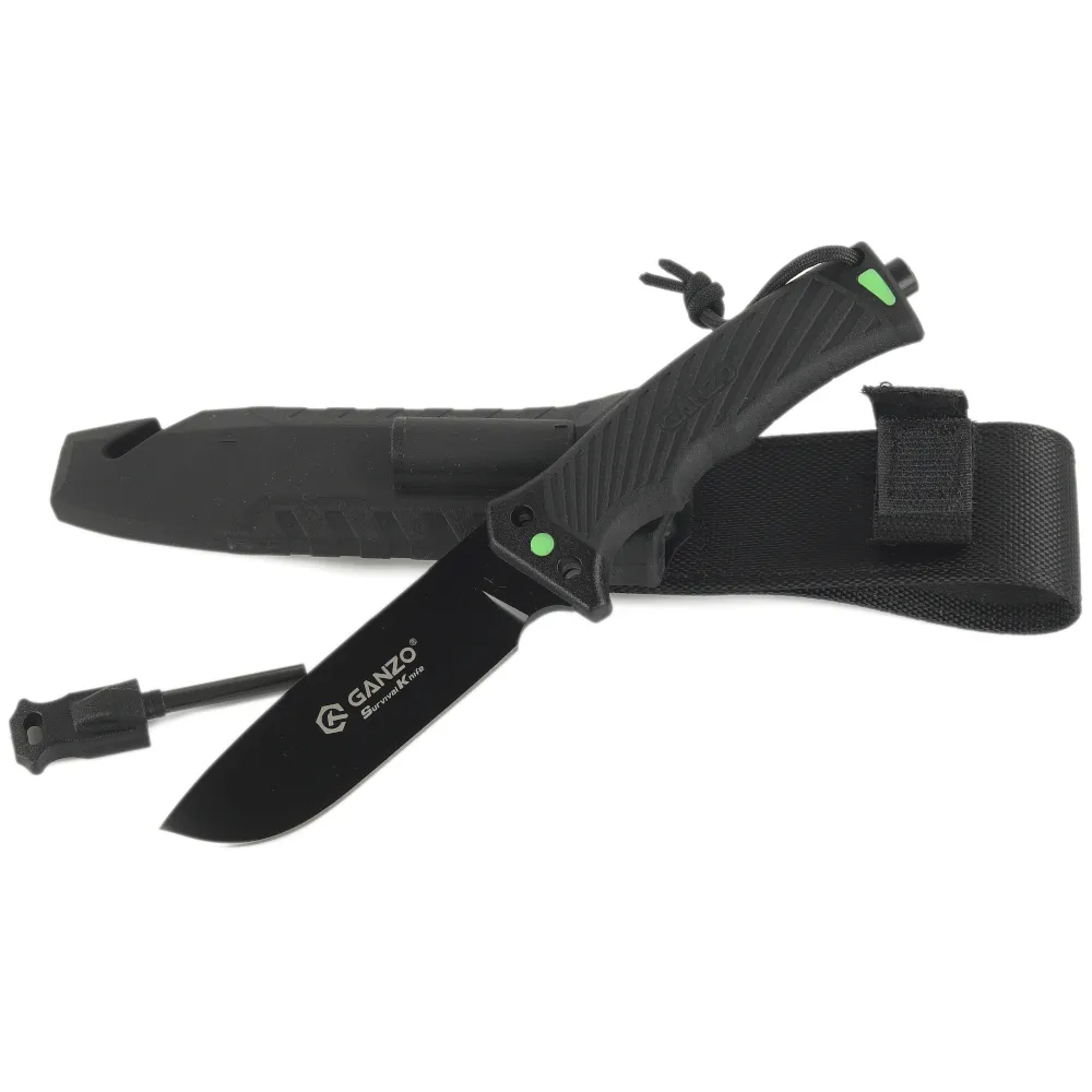 Ніж Ganzo G8012V2 чорний з паракордом та кресалом. Вуглецева сталь